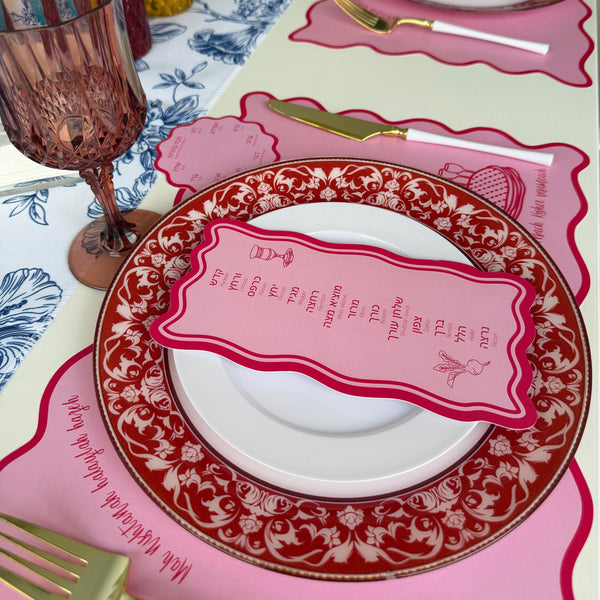 Passover Table Set for 12, Modern Scalloped Placemats, Ten Plagues Coasters, Seder Cards, pink, trendy