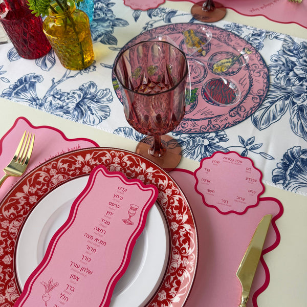 Passover Table Set for 12, Modern Scalloped Placemats, Ten Plagues Coasters, Seder Cards, pink, trendy