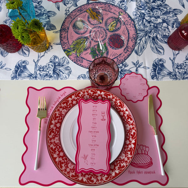 Passover Table Set for 12, Modern Scalloped Placemats, Ten Plagues Coasters, Seder Cards, pink, trendy