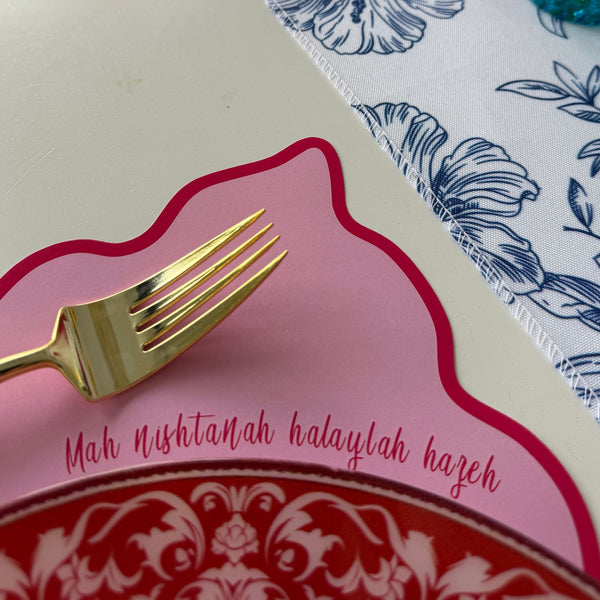 Passover Table Set for 12, Modern Scalloped Placemats, Ten Plagues Coasters, Seder Cards, pink, trendy