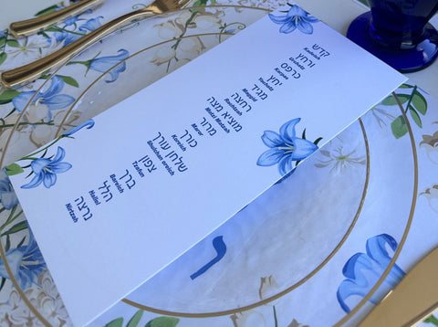 Passover cards, Set of 12 Pesach, order of the seder. Blue Flowers