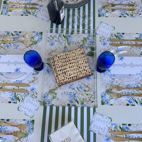 Passover 3 x SET - 12 Placemats + 12 seder cards + 12 coasters plagues Blue Floral