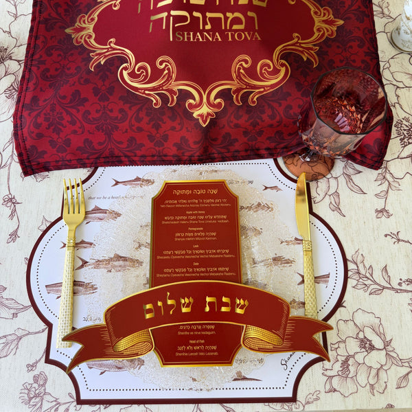 Rosh Hashanah table set for 12 ppl - Placemats, Challah Cover, Napkins and Simanim Cards - Royal Shana