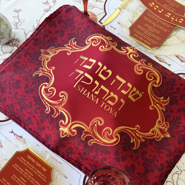 Rosh Hashanah table set for 12 ppl - Placemats, Challah Cover, Napkins and Simanim Cards - Royal Shana