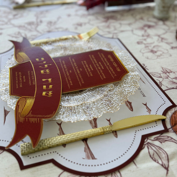 Rosh Hashanah table set for 12 ppl - Placemats, Challah Cover, Napkins and Simanim Cards - Royal Shana