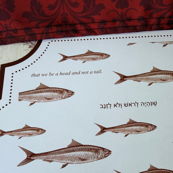 Rosh Hashanah table set for 12 ppl - Placemats, Challah Cover, Napkins and Simanim Cards - Royal Shana