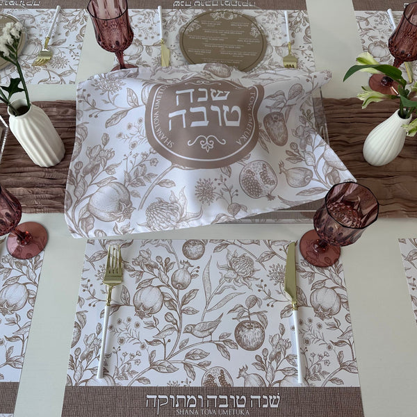 Rosh Hashanah table set for 12 ppl - Placemats, Challah Cover, Napkins and Simanim Cards - Beige Toile