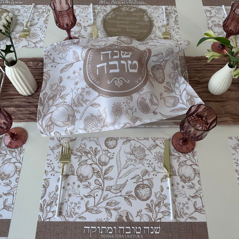 Rosh Hashanah table set for 12 ppl - Placemats, Challah Cover, Napkins and Simanim Cards - Beige Toile