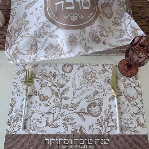 Rosh Hashanah Placemats, Beige Toile, Set of 12