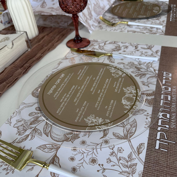 Rosh Hashanah table set for 12 ppl - Placemats, Challah Cover, Napkins and Simanim Cards - Beige Toile