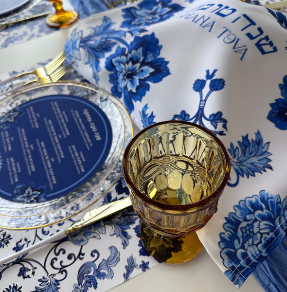 Rosh Hashanah table set for 12 ppl - Placemats, Challah Cover, Napkins and Simanim Cards - Blue Floral