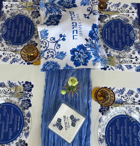 Rosh Hashanah table set for 12 ppl - Placemats, Challah Cover, Napkins and Simanim Cards - Blue Floral