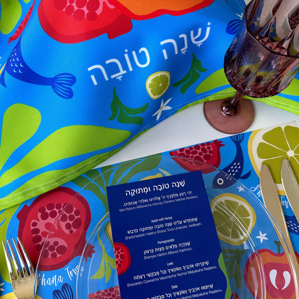 Rosh Hashanah table set for 12 ppl - Placemats, Challah Cover, Napkins and Simanim Cards - Blue Abstract
