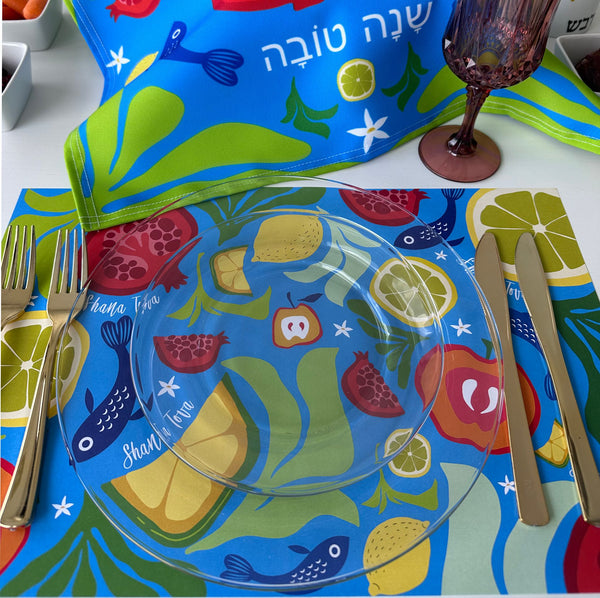 Rosh Hashanah table set for 12 ppl - Placemats, Challah Cover, Napkins and Simanim Cards - Blue Abstract