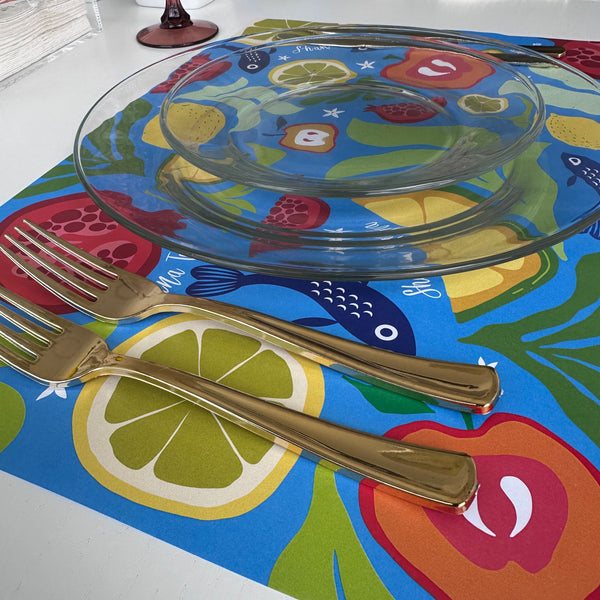 Rosh Hashanah table set for 12 ppl - Placemats, Challah Cover, Napkins and Simanim Cards - Blue Abstract