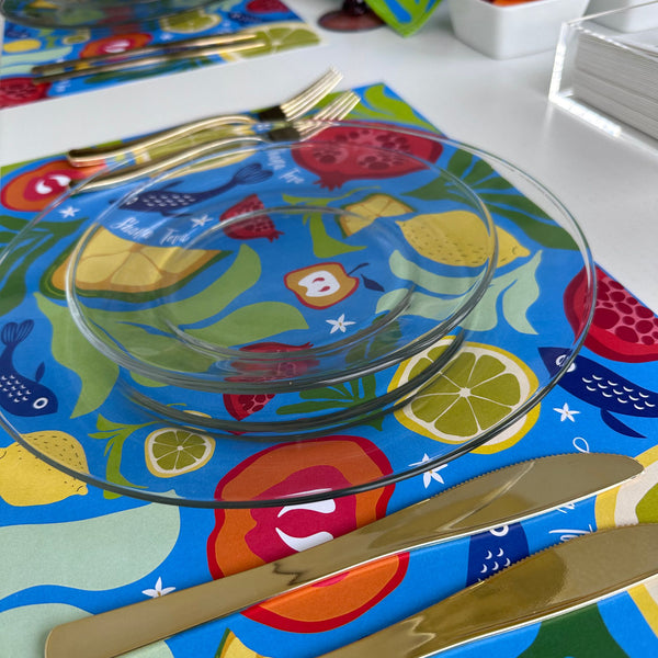 Rosh Hashanah table set for 12 ppl - Placemats, Challah Cover, Napkins and Simanim Cards - Blue Abstract