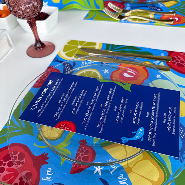 Rosh Hashanah table set for 12 ppl - Placemats, Challah Cover, Napkins and Simanim Cards - Blue Abstract