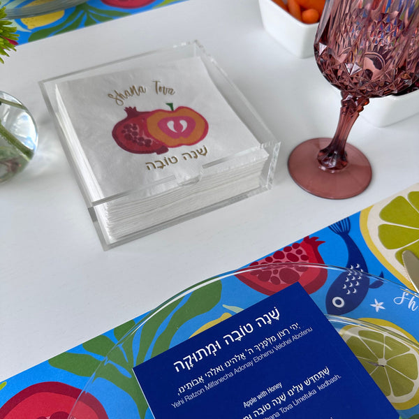 Rosh Hashanah table set for 12 ppl - Placemats, Challah Cover, Napkins and Simanim Cards - Blue Abstract