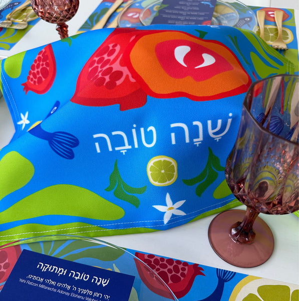Rosh Hashanah table set for 12 ppl - Placemats, Challah Cover, Napkins and Simanim Cards - Blue Abstract
