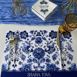 Rosh Hashanah Placemats, blue floral, Set of 12
