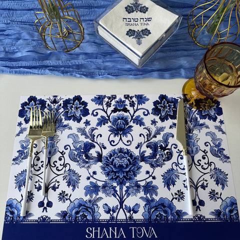 Rosh Hashanah Placemats, blue floral, Set of 12