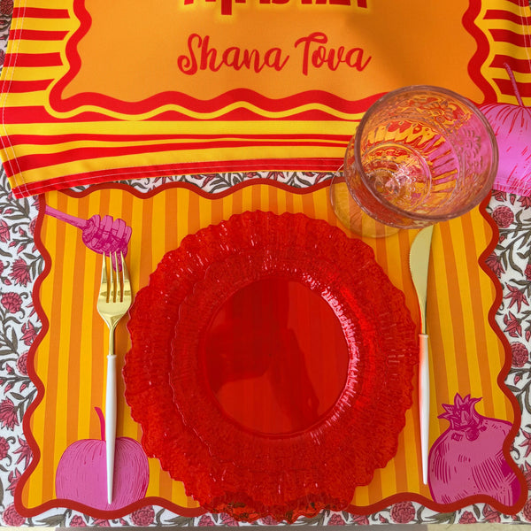 Rosh Hashanah table set for 12 ppl - Placemats, Challah Cover, Napkins and Simanim Cards - SHANA POP