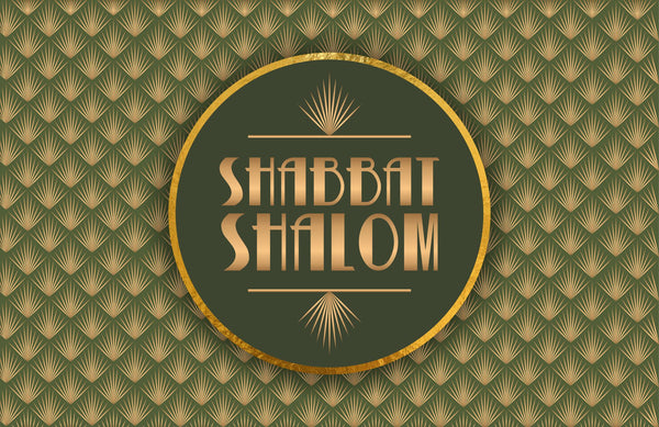 Shabbat Shalom placemat Art Deco style, gold and green