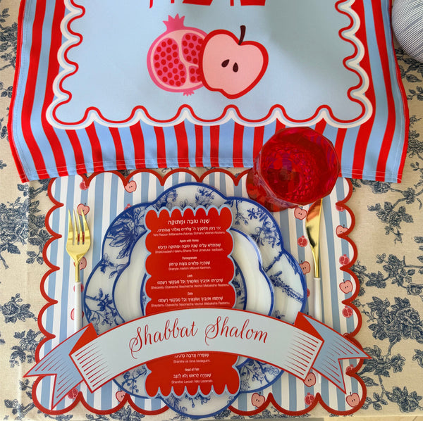 Rosh Hashanah table set for 12 ppl - Placemats, Challah Cover, Shabbat Banners and Simanim Cards - SWEET SHANA
