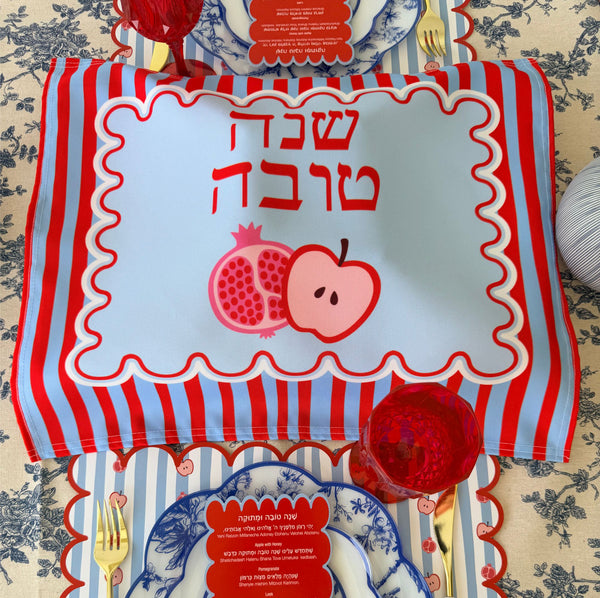 Rosh Hashanah table set for 12 ppl - Placemats, Challah Cover, Shabbat Banners and Simanim Cards - SWEET SHANA