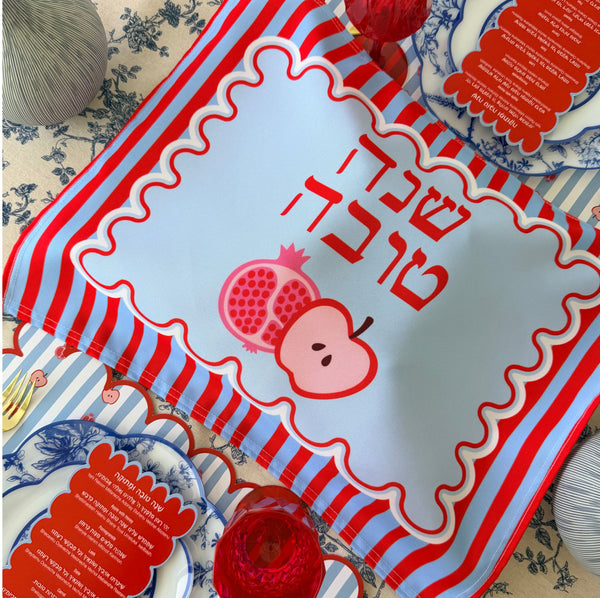 Rosh Hashanah table set for 12 ppl - Placemats, Challah Cover, Shabbat Banners and Simanim Cards - SWEET SHANA