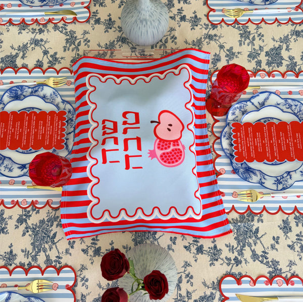 Rosh Hashanah table set for 12 ppl - Placemats, Challah Cover, Shabbat Banners and Simanim Cards - SWEET SHANA