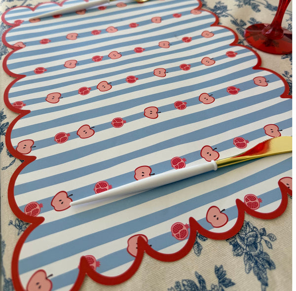 Rosh Hashanah table set for 12 ppl - Placemats, Challah Cover, Shabbat Banners and Simanim Cards - SWEET SHANA