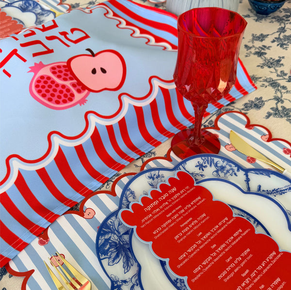 Rosh Hashanah table set for 12 ppl - Placemats, Challah Cover, Shabbat Banners and Simanim Cards - SWEET SHANA
