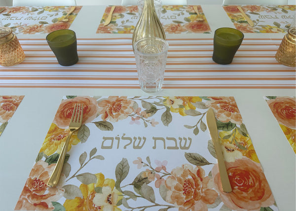 Shabbat Shalom orange water color flowers paper placemats