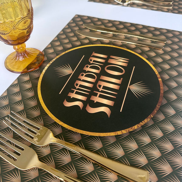 Shabbat Shalom placemat Art Deco style, gold and green