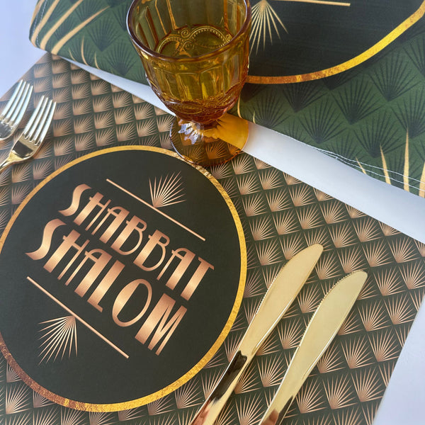 Shabbat Shalom placemat Art Deco style, gold and green