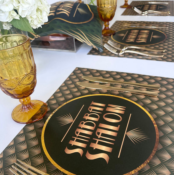 Shabbat Shalom placemat Art Deco style, gold and green