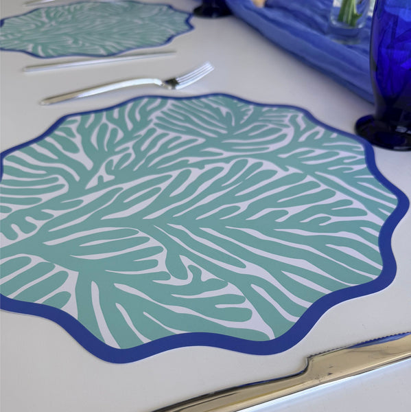 Wavy Paper Placemats, set of 12, Coastal Beach House Table Decor, coral, aqua
