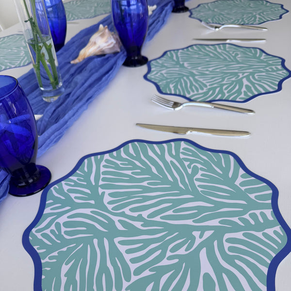 Wavy Paper Placemats, set of 12, Coastal Beach House Table Decor, coral, aqua
