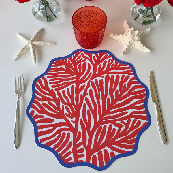 Wavy Paper Placemats, set of 12, Coastal Beach House Table Decor, red coral