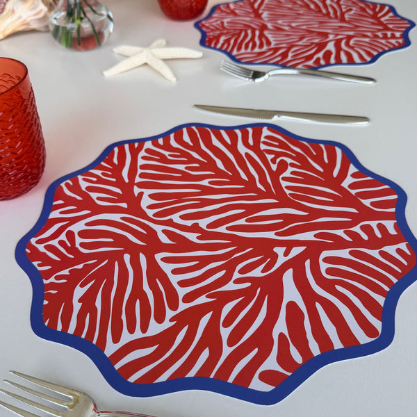Wavy Paper Placemats, set of 12, Coastal Beach House Table Decor, red coral