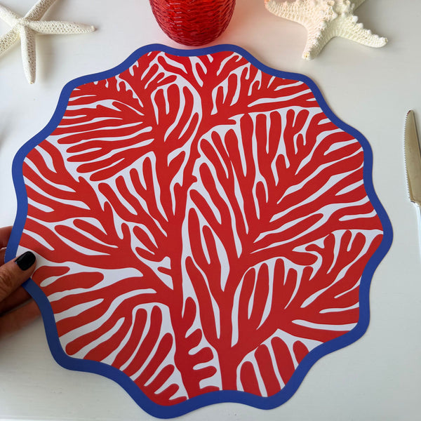 Wavy Paper Placemats, set of 12, Coastal Beach House Table Decor, red coral