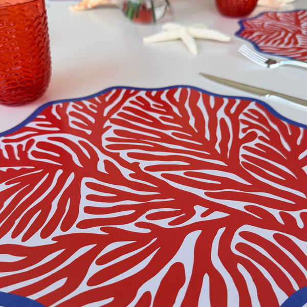 Wavy Paper Placemats, set of 12, Coastal Beach House Table Decor, red coral