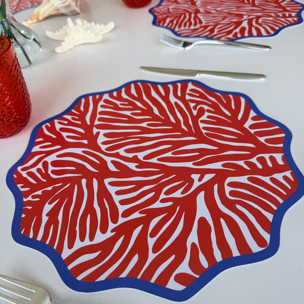 Wavy Paper Placemats, set of 12, Coastal Beach House Table Decor, red coral