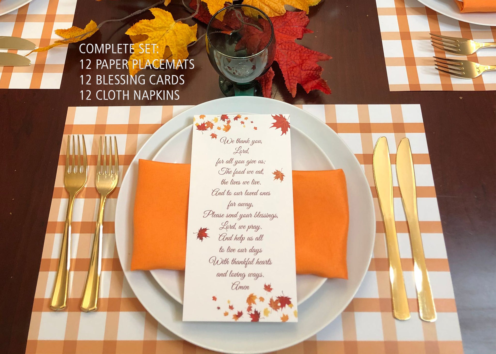 Complete Thanksgiving Set, Paper Placemats, Cloth Napkins and Blessing Cards 1
