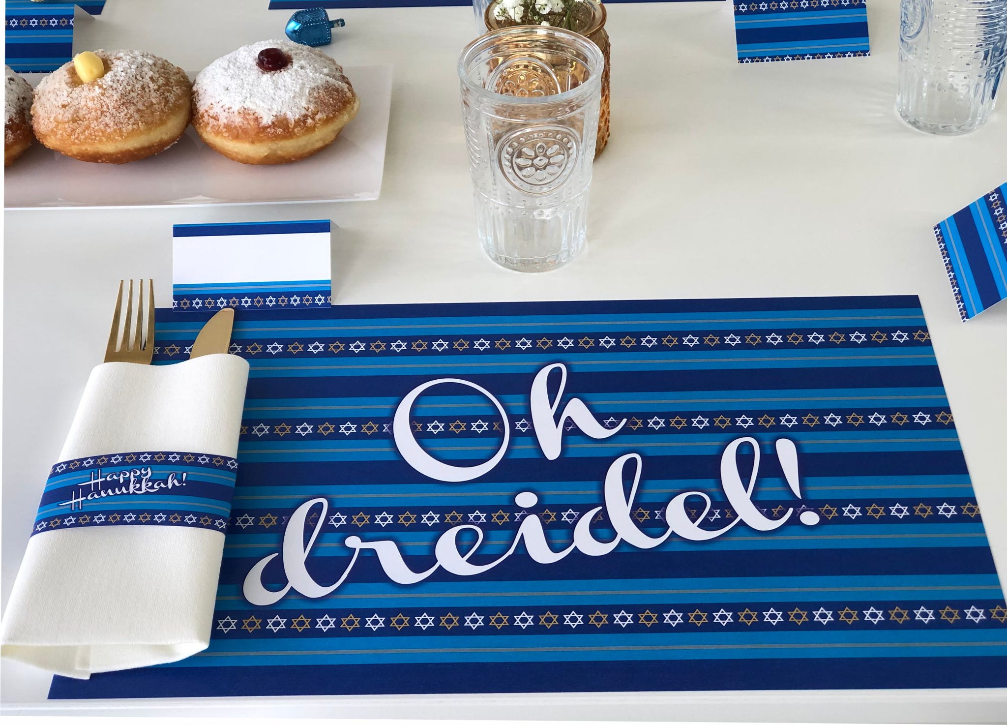 Hanukkah Set of Placemats, Napkin rings and place cards