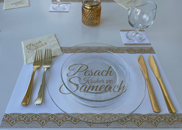 Passover Gold Lace SET - 12 Placemats + 12 Foil Napkins + 12 coasters plagues