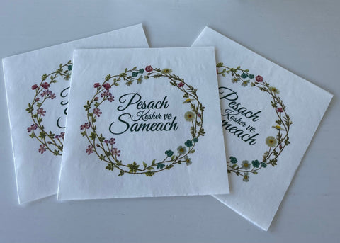 Passover Floral White Napkins - Pesach Kosher ve Sameach
