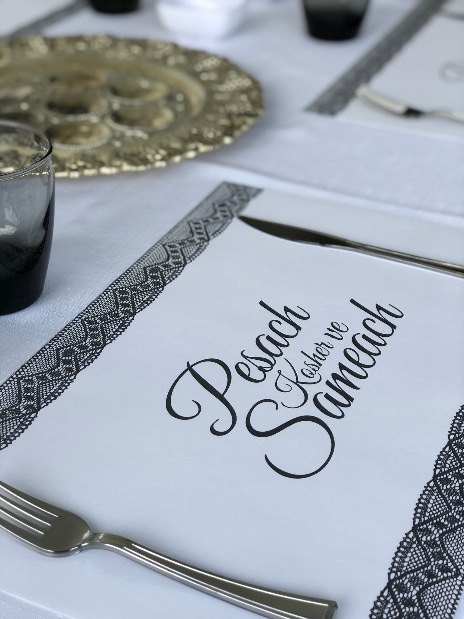Passover placemats, Set of 12 paper placemats, lace, dark grey