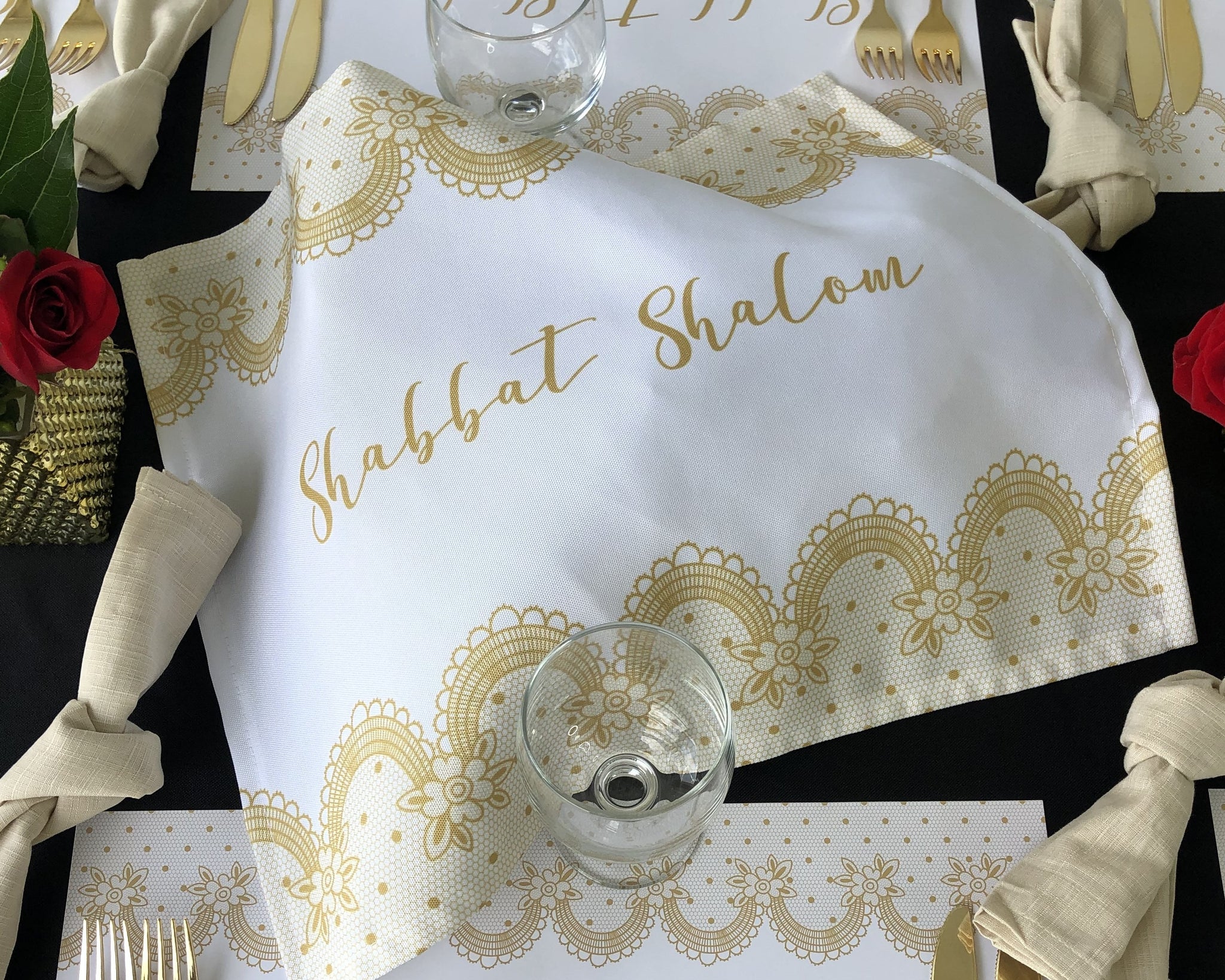 Shabbat Shalom Challah Cover, Gold Lace